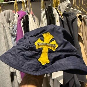 Chrome Hearts Dark Blue Bucket Hat with Yellow Cross